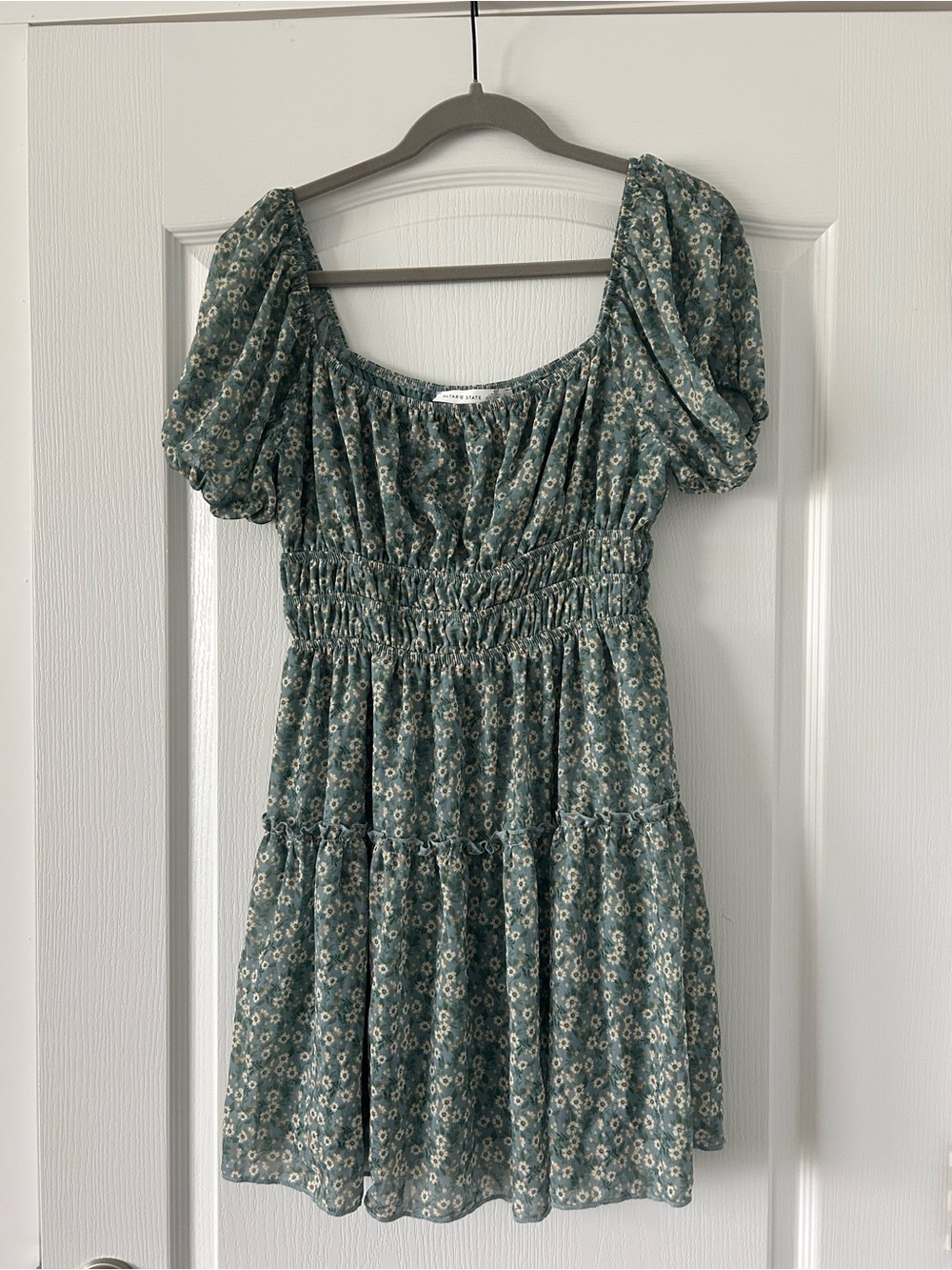 Altar'd State Teal Floral Puff-Sleeve Mini Dress